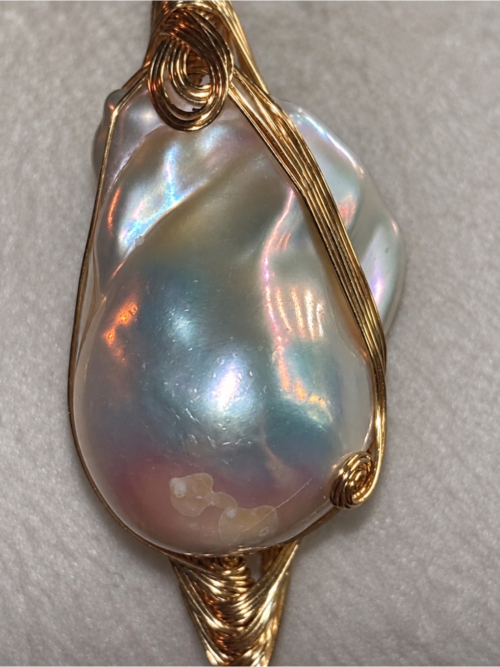 Gold Wire-Wrapped Iridescent Pearl Bangle Bracelet | 18K Plated Wire